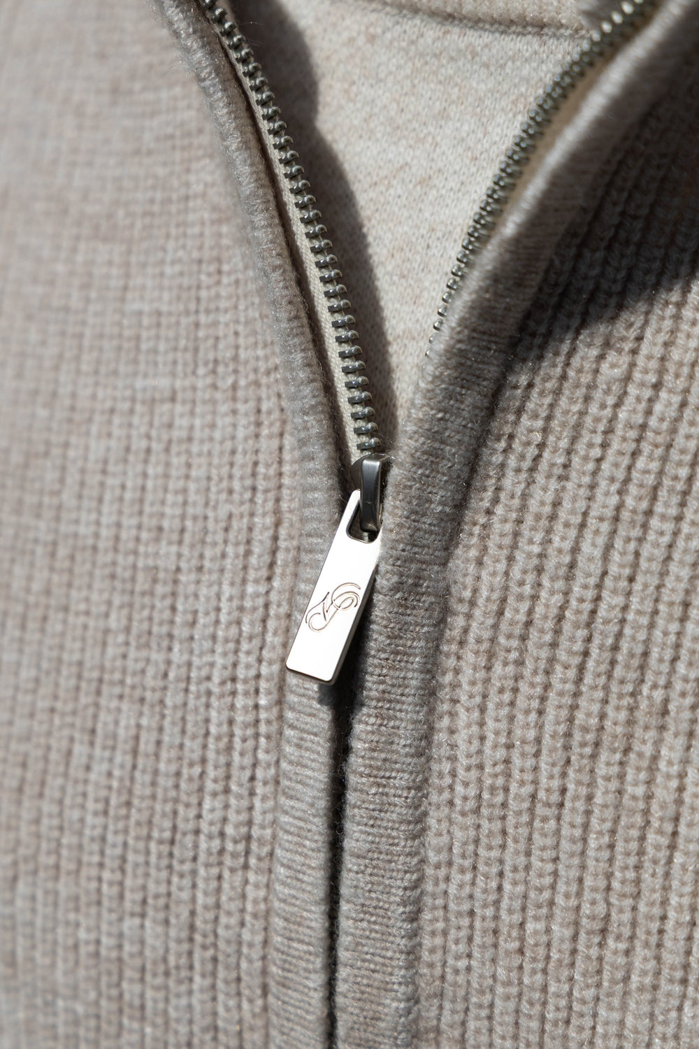 Ribbed Knit Cardigan Beige zip detail